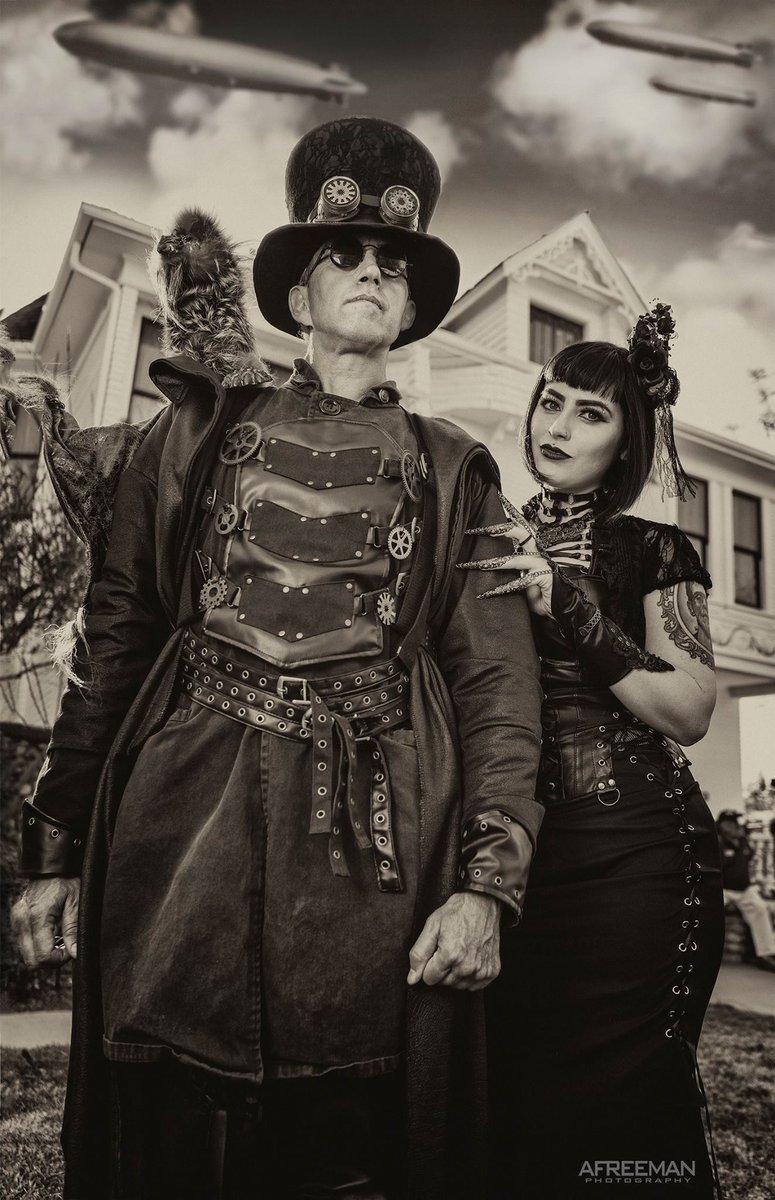 DeanLeCrone's tweet photo. Dr. Artemus Peepers @drpeepers82 with mysterious colleague. Photo by @maknbacon #steampunk #steampunkphotography https://t.co/mmzikWf6ea