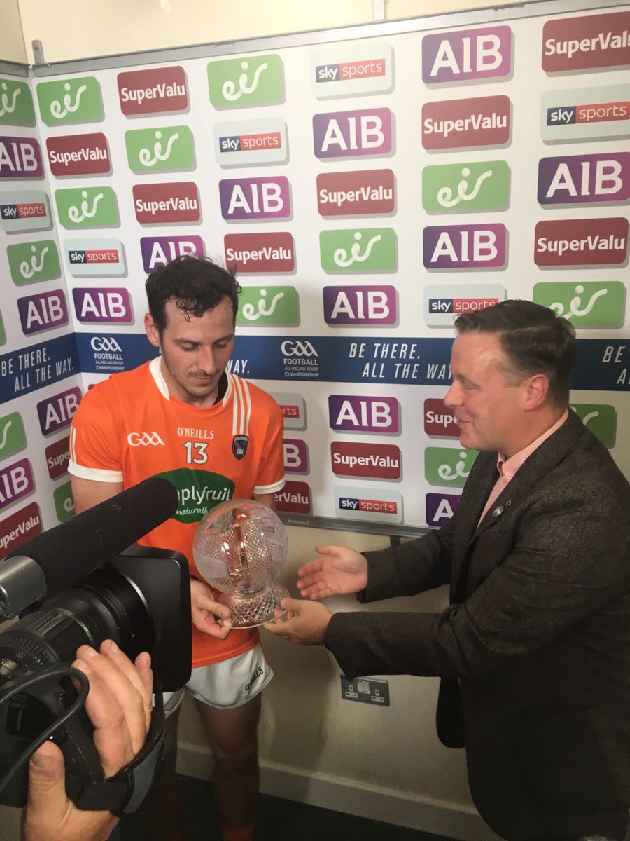 officialgaa's tweet photo. COMHGHAIRDEACHAS to @Armagh_GAA &amp; @crossrangers man Jamie Clarke on being named #ARMvKIL @eirgaa @skysportsgaa Man of the Match earlier https://t.co/fG5WGJloyZ
