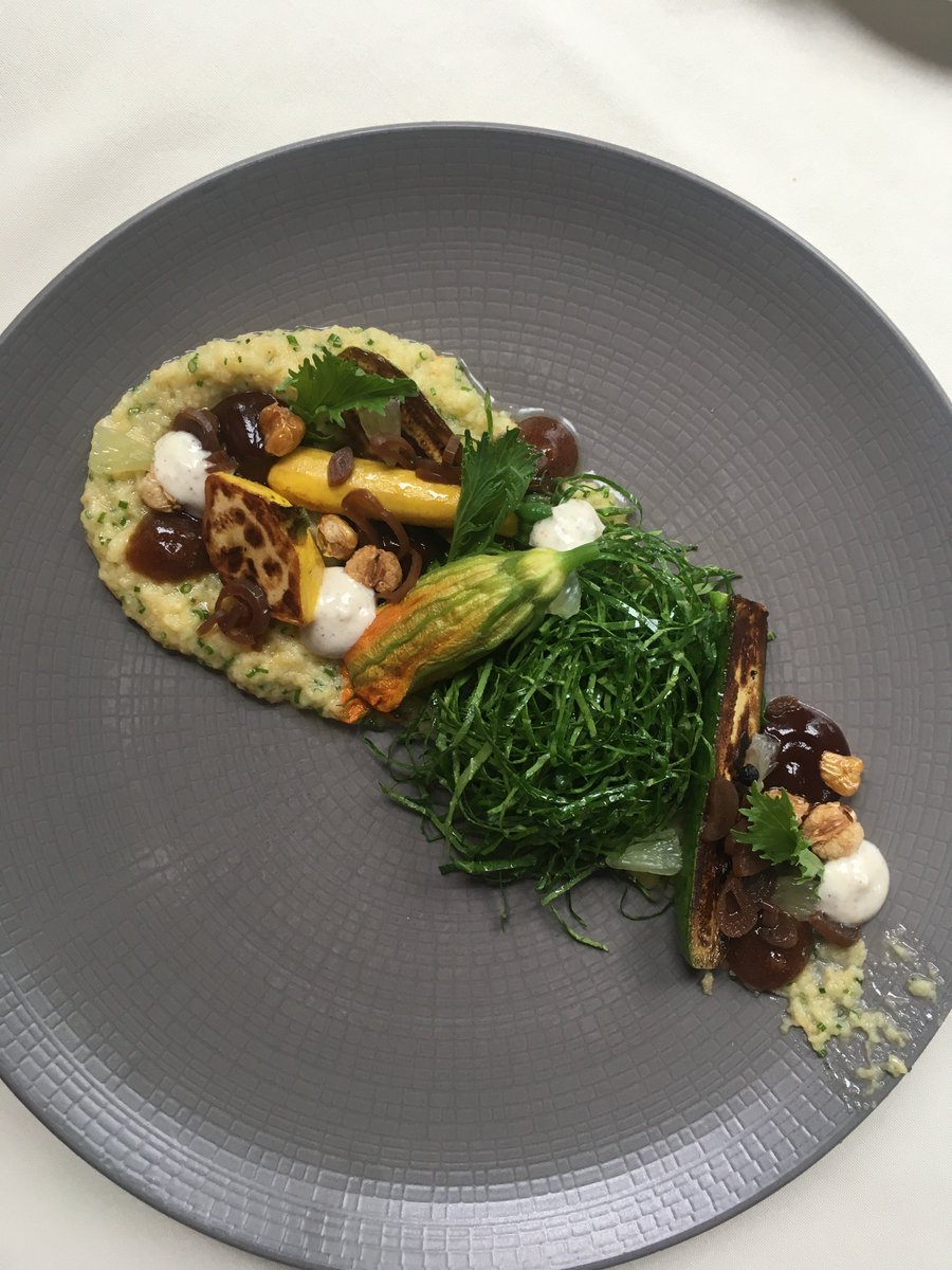 NorthPondCHI's tweet photo. Steamed Zucchini Blossom Relleno w/ Popcorn Risotto, Guajillo, Sumac Aioli, Cinnamon Shallots, Shaved Greens, Corn Nuts. https://t.co/7UknfroFv9