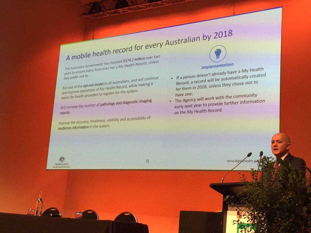RNZCGP's tweet photo. Australian govt has invested $500m in My Health Record @jcolemanmp #gpconf17 https://t.co/M6f5YayqU2