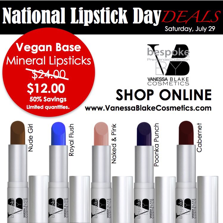 VBCosmetics's tweet photo. It's really happening! In honor of #NationalLipstickDay, 50% off our Vegan Based Mineral Lipsticks.💄Hurry before they're all gone! #bio https://t.co/L5XejMtHwU