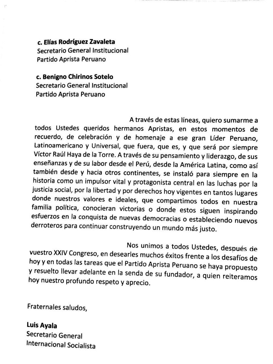 RedDigitalApra's tweet photo. Saludos al partido Aprista del secretario general de la internacional socialista Luis Ayala. #HayaVive https://t.co/A5dMRWTrC6