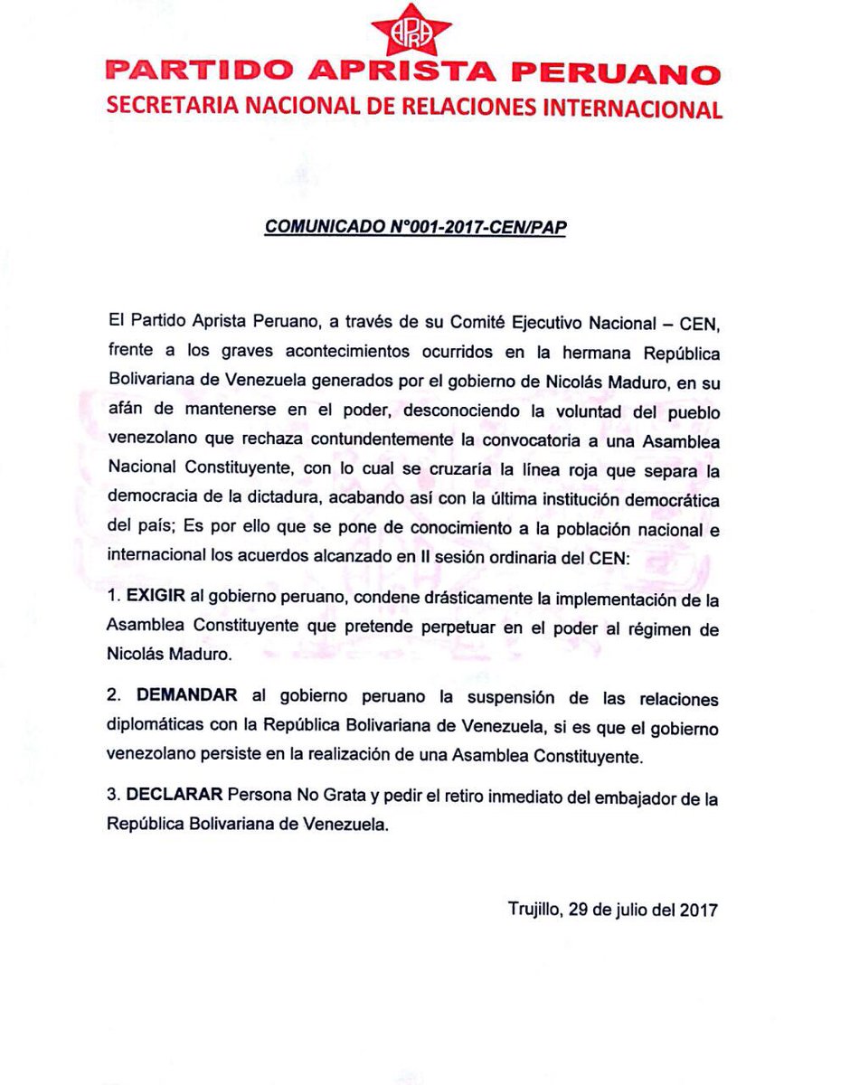 RedDigitalApra's tweet photo. Comunicado del Partido APRISTA frente a la lamentable situación de nuestros hermanos venezolanos. #HayaVive https://t.co/dpt2XSJRQV