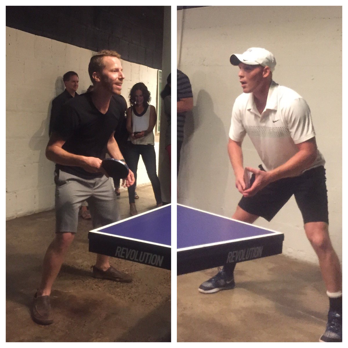 PulledGoalie's tweet photo. Steph Veillieux playing Seth Green or the guy from Cold Play in the Finals of United Heroes ping pong event https://t.co/zPiC2DQla1