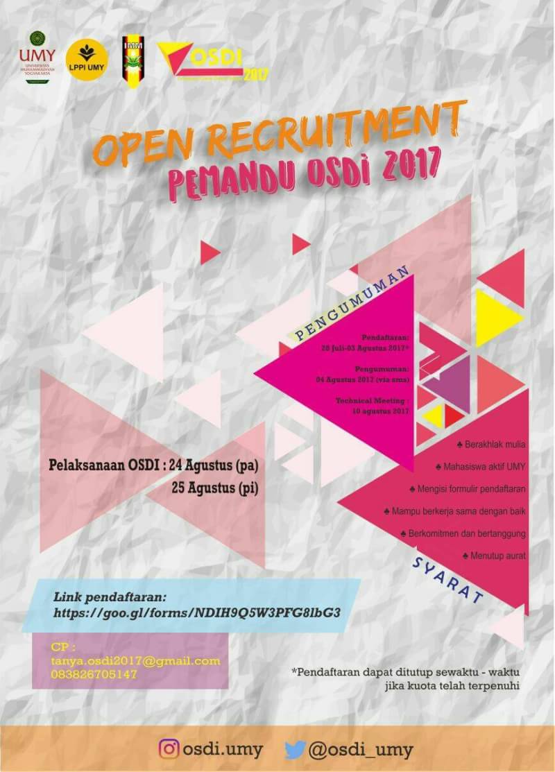 Telah dibuka open recruitment pemandu OSDI UMY 2017. Info lebih lanjut line.me/ti/p/%40kpl831…