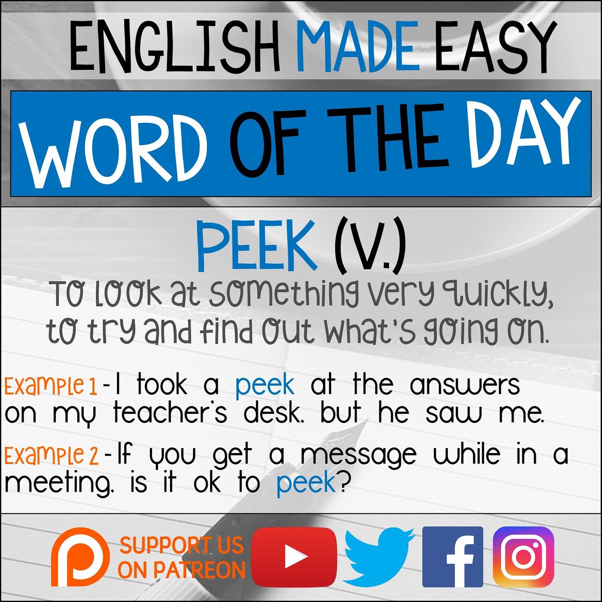 EngMadeEasy's tweet photo. #WordOfTheDay

Do you ever peek at your notes during exams? How about your friends'?

Tweet me your sentences, and I'll check your #English! https://t.co/cQlB7WMf6h