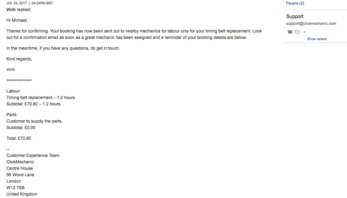 disappointed at being given this quote then told i would have to pay almost double. Why? <a href="/ClickMechanic/">ClickMechanic</a>