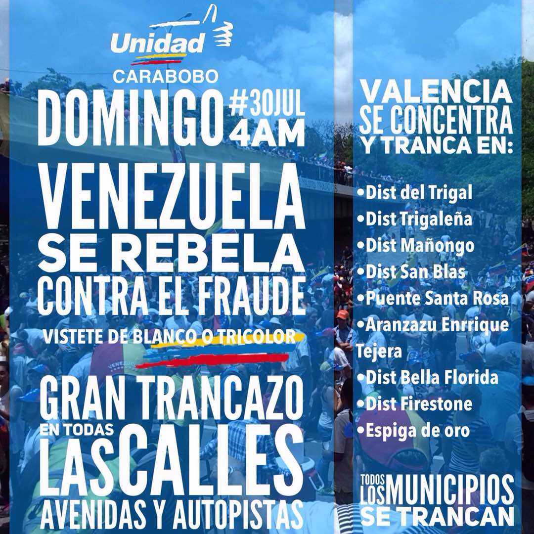 Carabobo mañana el llamado es a tracar las principales vías del estado. En vzla no queremos constituyente #YoREPUDIOFraudeConstituyente