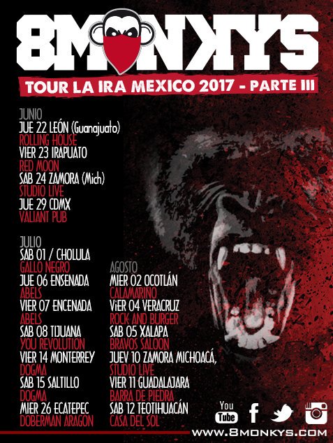 8MONKYS_BAND's tweet photo. Así va y así continuamos con esta tercera parte de la gira #TourLaIra #México2017 #8MonkysEnTuArea  próxima Semana #Xalapa y #Veracruz https://t.co/8Yfnd7tmy8