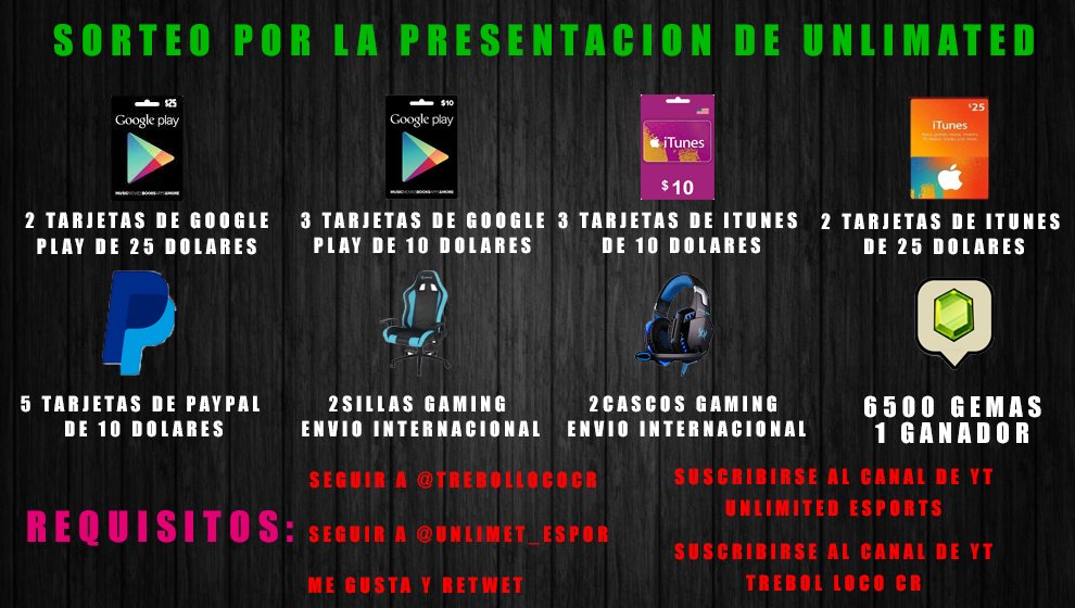 UNLIMATED_ESPOR's tweet photo. SORTEO POR LA PRESENTACION DE @UNLIMATED_ESPOR Y GRACIAS A TODOS NUESTROS PATROCINADORES QUE HICIERON ESTO POSIBLE. GANADORES EN 1 SEMANA https://t.co/6mUr7yv19b