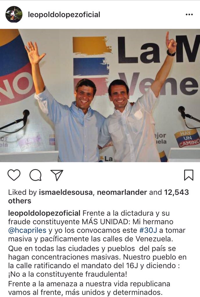 MariaAlesiaSosa's tweet photo. #ÚltimaHora @Hcapriles y @Leopoldolopez se unen para convocar el 30J. Los 2 liderazgos más fuertes de la oposición echan el resto #Capoldo https://t.co/4YJhWRXKRs