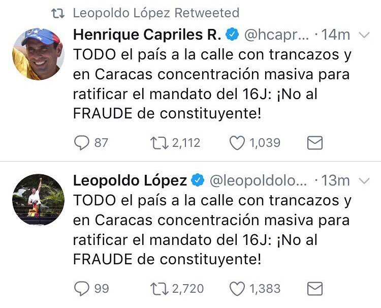 MariaAlesiaSosa's tweet photo. #ÚltimaHora @Hcapriles y @Leopoldolopez se unen para convocar el 30J. Los 2 liderazgos más fuertes de la oposición echan el resto #Capoldo https://t.co/4YJhWRXKRs