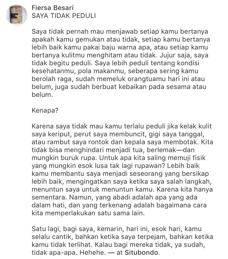 FiersaBesari's tweet photo. Untuk apa kita saling memuji fisik yang mungkin esok-lusa tak lagi rupawan? https://t.co/4ZBS2G9qrn
