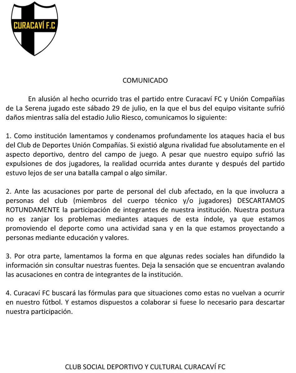 Curacavi_FC's tweet photo. COMUNICADO CURACAVÍ FC VS. UNIÓN COMPAÑÍAS https://t.co/ehHvJnIn43