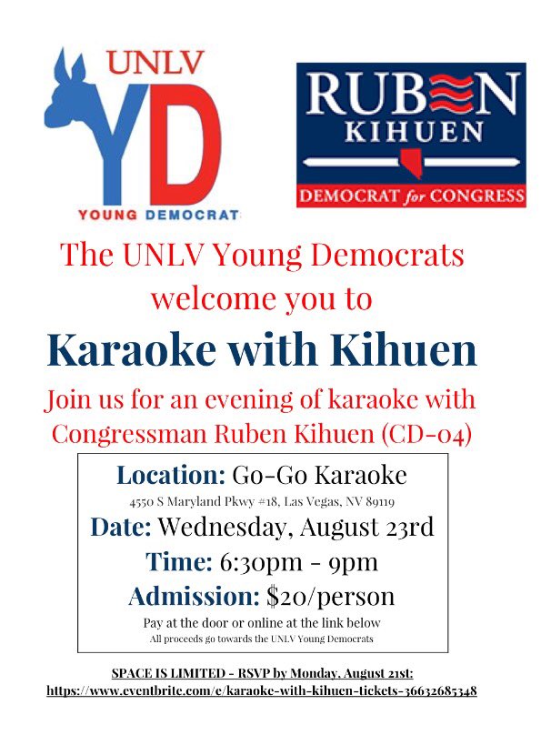unlvdemocrats's tweet photo. ‼️Buy your ticket now for 'Karaoke with Kihuen' - a fundraiser for the #UNLVYD with @RubenKihuen ‼️ https://t.co/FDtiLFrOU7 https://t.co/p3FG09CAND