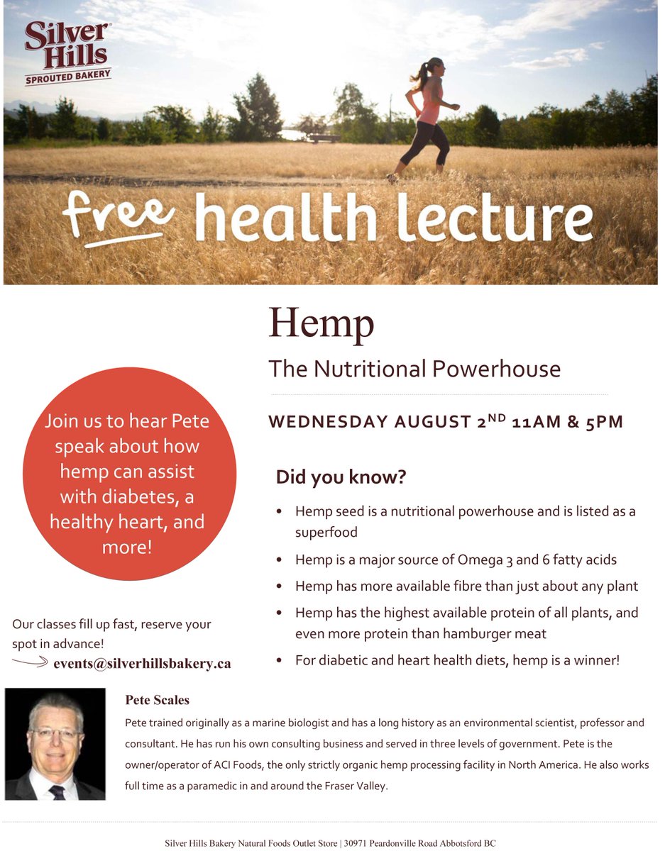 Our very own Pete Scales will be giving a lecture on Aug 2 on the nutritional benefits of hemp at #silverhillsbakery #ACIFoods