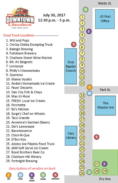 Food Truck Rodeo in downtown Cary Sunday 12:30-5pm. Here is a map for the truck locations.