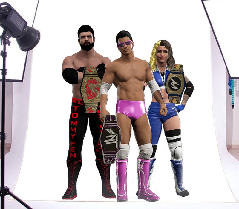 SNTwrestling's tweet photo. A photo shoot took place after the PPV today. @NgrWrestling @DoubleVWrestle All our World Champs!(Credit to Valor Wrestling for the idea) https://t.co/xCticNlpbD