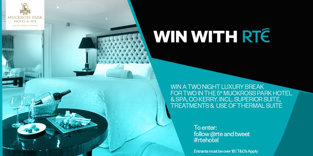 rte's tweet photo. Win a 2 night luxury break for two at 5* @muckrosspark Co.Kerry w/ superior suite, treatments + thermal suite. Follow @rte + tweet #rtehotel https://t.co/PgblYhZgNH