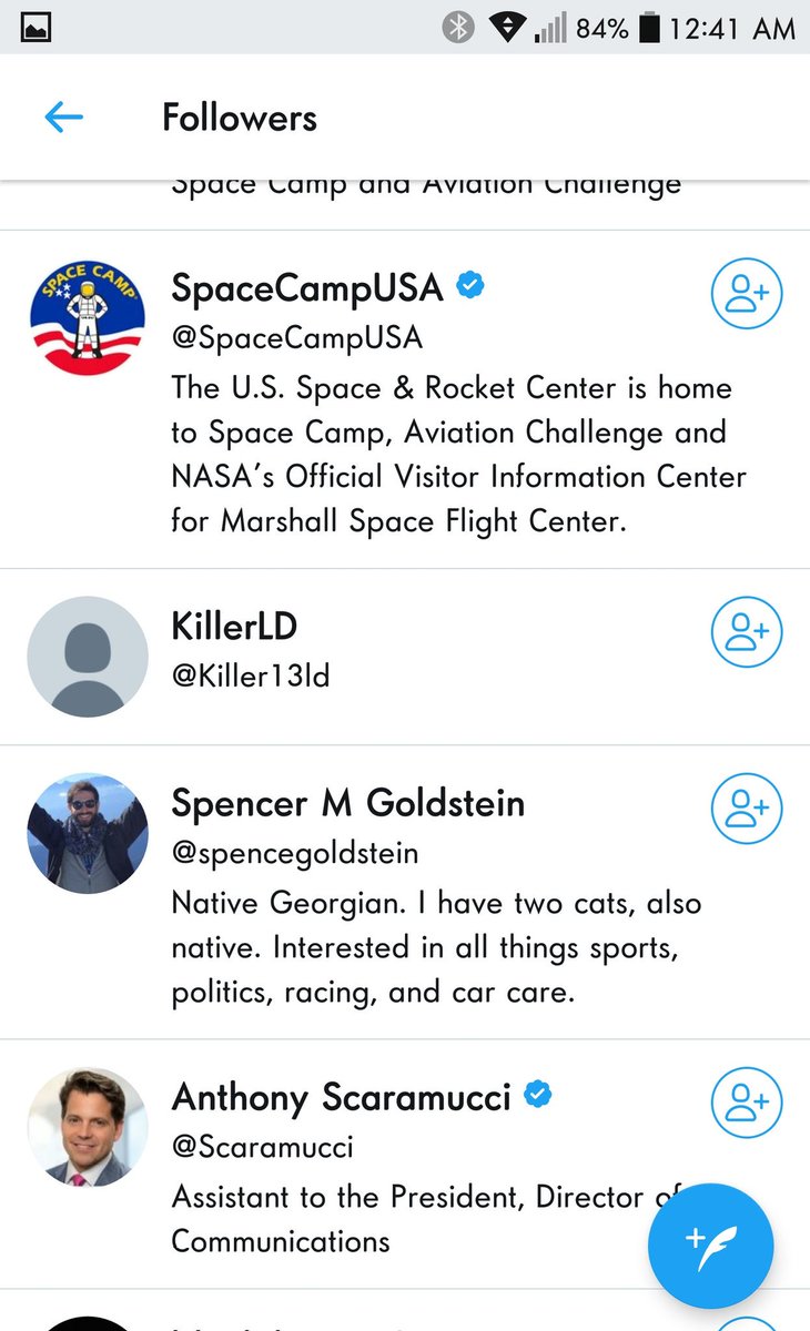 Oh, goodness. Just discovered I'm one of the (un)lucky 167,000. <a href="/Scaramucci/">Anthony Scaramucci</a> is following me. 😱 On the plus side, so is Space Camp!