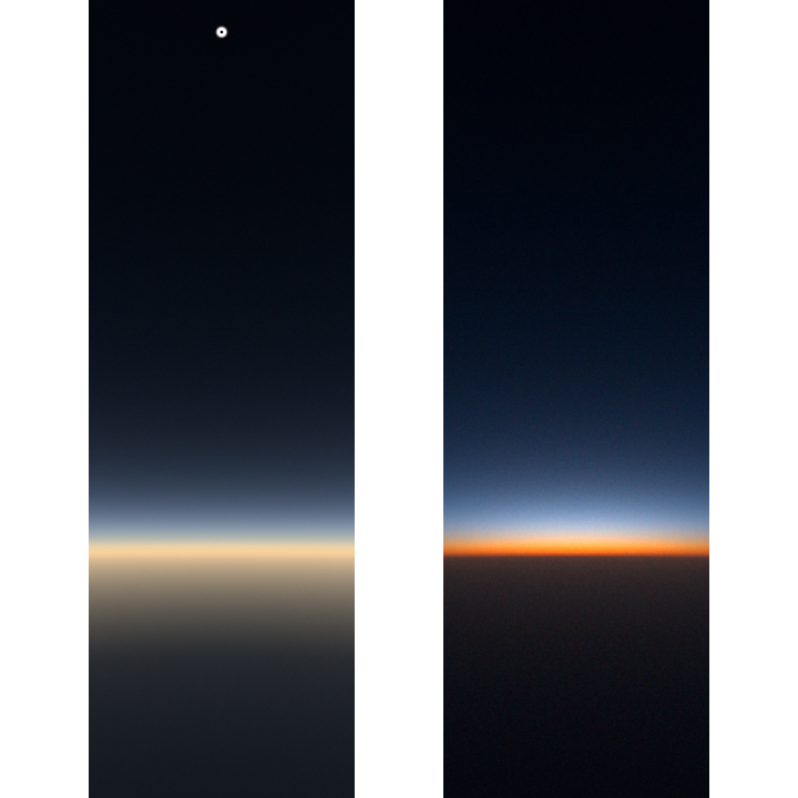 Realized I could simulate upcoming solar eclipse in my sky renderer. Here's a render of max totality from cruising jet + twilight reference.