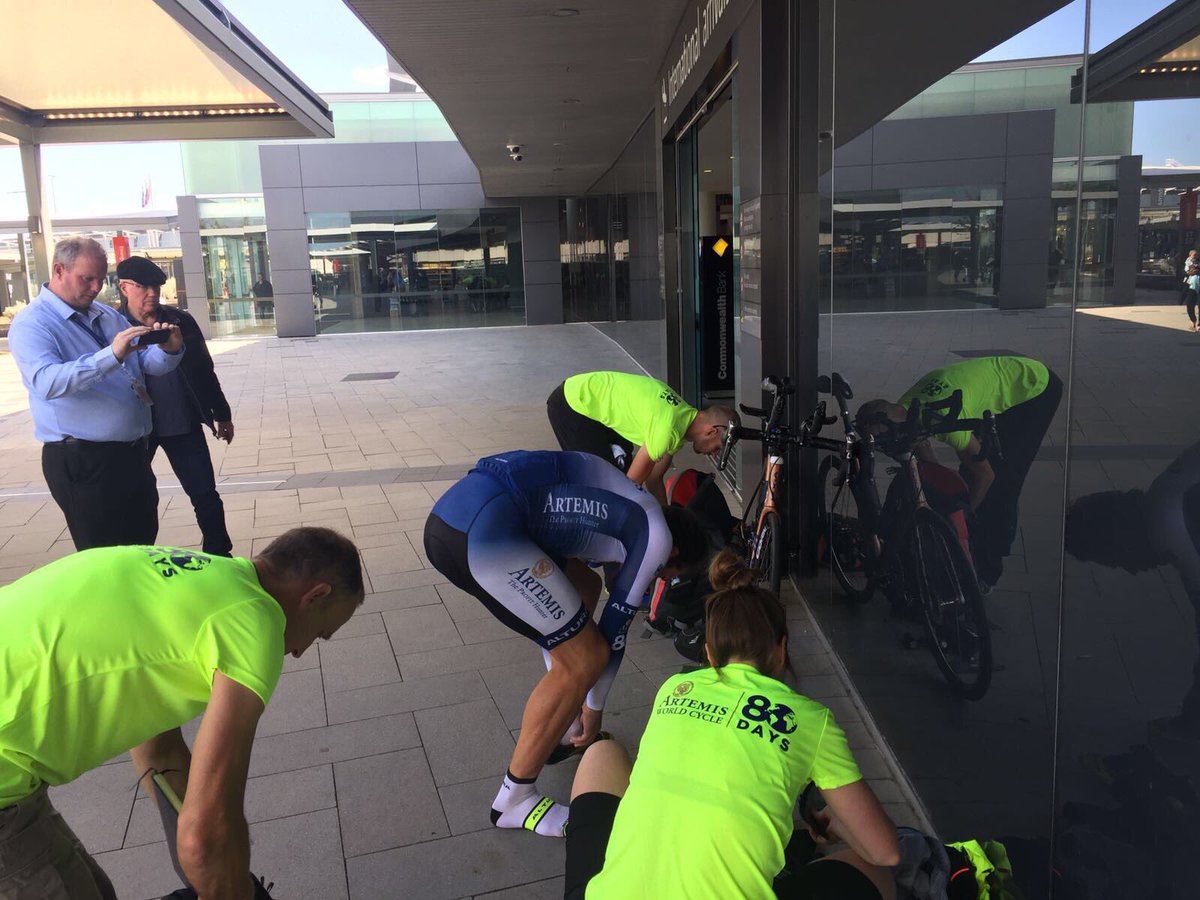 MrMarkBeaumont's tweet photo. Slickest transition through and straight onto bike with stage 2 team all over it. #80days #ArtemisWorldCycle @LDCPE @KOGA_bikes https://t.co/XsS50bzUuz