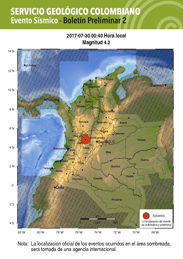 sgcol's tweet photo. #Reportamos 30 de julio del 2017, 00:40 hora local. Magnitud 4.2. #NoticiaEnDesarrollo, información preliminar. https://t.co/waHSo8sK4K