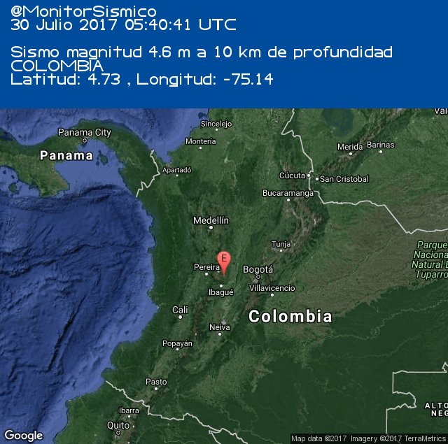 MonitorSismico's tweet photo. #Sismo M 4.6 COLOMBIA. 30-07-2017 05:40 UTC https://t.co/36fFdhxJlj #Temblor #CSEM #EMSC https://t.co/z10KPqlGXV