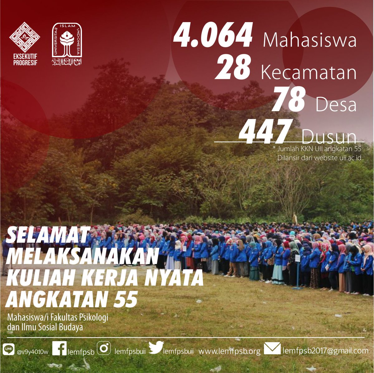 Selamat Berjuang, Selamat mengikuti KKN, semoga teman2 dapat menerapkan apa yang sudah dipelajari di kelas.
#eksekutifprogresif
#lemfpsbuii