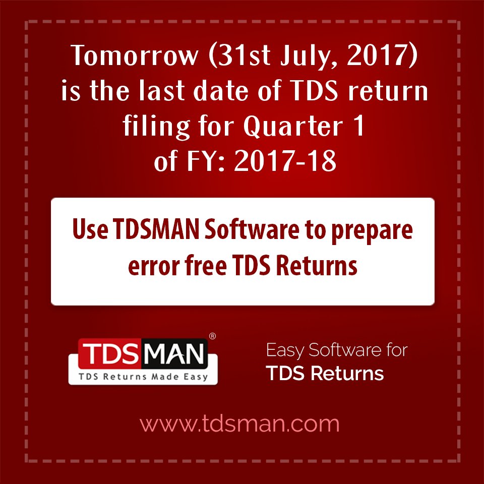 TDS_MAN's tweet image. File your TDS returns (Q1) by tomorrow. #TDS #TDS_software #TDS_return
Buy now &amp;amp; get special discount &amp;gt;&amp;gt; tdsman.com/pricing.asp?co…