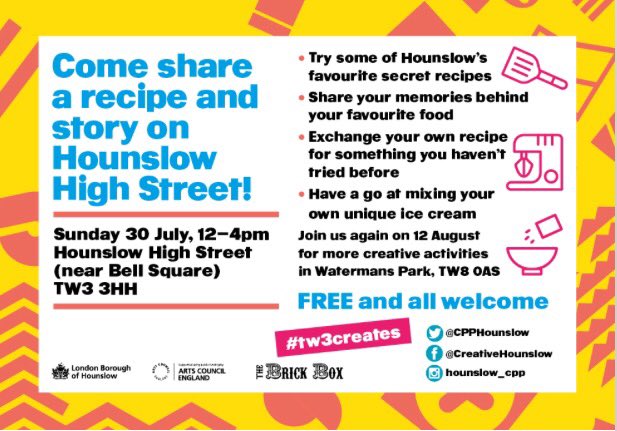 CPPHounslow's tweet photo. Come share a recipe and story on hounslow high street today! #tw3creates #FREE 12-4pm #TW3CreativeSpace #artonyourdoorstep All welcome. https://t.co/Q2TcfAIR8B