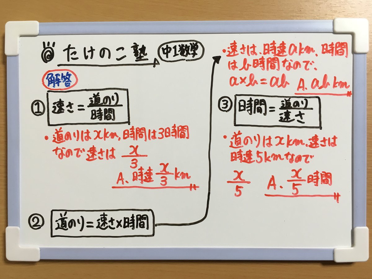 たけのこ塾 در توییتر 中1数学 文字式と数量 速さ 道のり 時間 について 問題を作成しました 問題文の内容を文字式 になおすのが難しい場合は 式を言葉で表してから文字式をつくってみましょう また 速さ 道のり 時間の求め方も しっかり復習しま