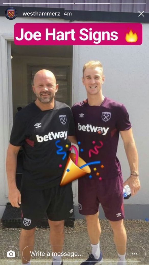 Looks like Joe Hart is a West Ham player. He'll be officially announced by the chairman's son, probably. (Source: Instagram Stories)