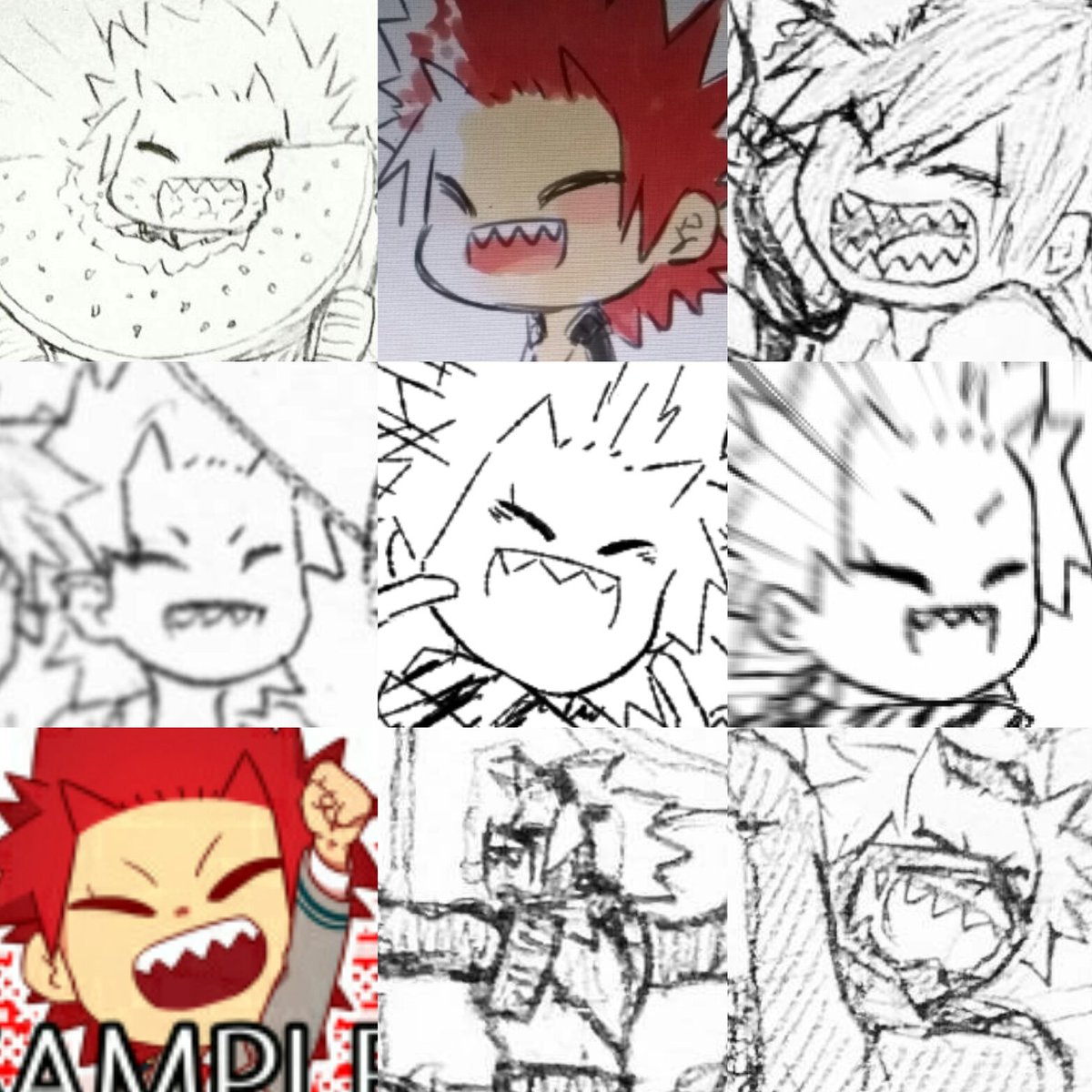 The history of kirishima's smile drawn by me(i think i made a habit when i draw him smiling(just look they're all the similar face 