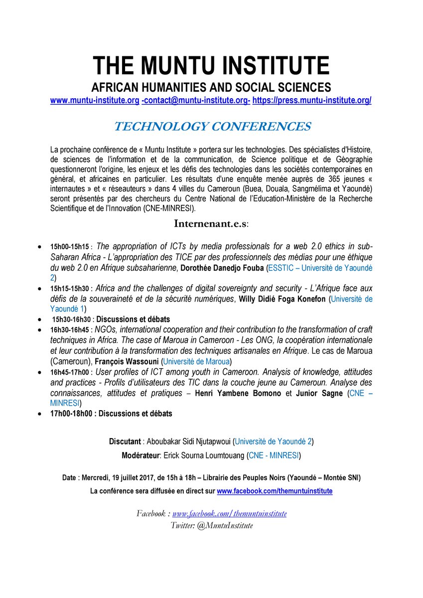 MuntuInstitute's tweet photo. Hello!
Rendez-vous demain pour la 3ème conférence.
Le #live sera ici: https://t.co/mUInxXN5zc
#technologyconferences #maarifa https://t.co/sK9zZc77DI