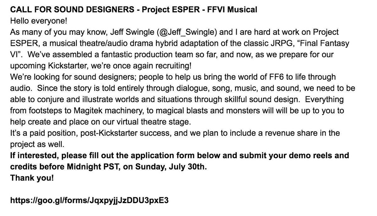 JohnRobertMatz's tweet photo. CALL FOR SOUND DESIGNERS - #ProjectESPER: a Final Fantasy VI Musical/Audio Drama Production! #sounddesign #gameaudio
https://t.co/I8v58uMbVk https://t.co/fW5s6XwaV1