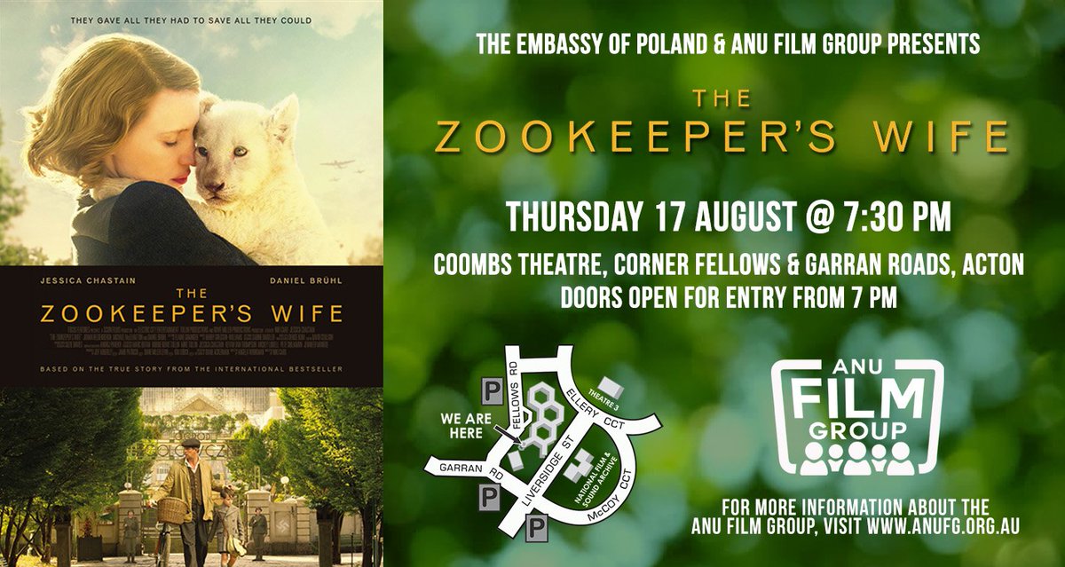 PLinAustralia's tweet photo. The screening of "Zookeeper`s Wife" will be hosted by #ANU Film Group on 17 August at 7.30 pm.Complimentary tickets available at the Embassy https://t.co/d8wprmZpiX