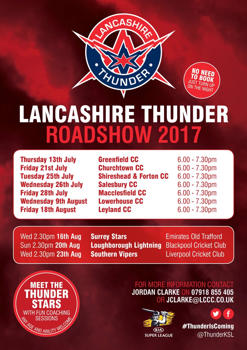 Lancashire Thunder Roadshow Dates #ThunderIsComing 💥🏏
<a href="/ChurchtownCC/">Churchtown Cricket Club</a> <a href="/ShiresLadiesCC/">Shireshead Ladies CC</a> <a href="/SalesburyCC/">Salesbury Cricket</a>  <a href="/MacclesfieldCC/">Macclesfield Cricket Club</a> <a href="/LowerhouseCC/">Lowerhouse Cricket Club 💙💛</a> <a href="/LeylandCC/">Leyland Cricket Club</a>