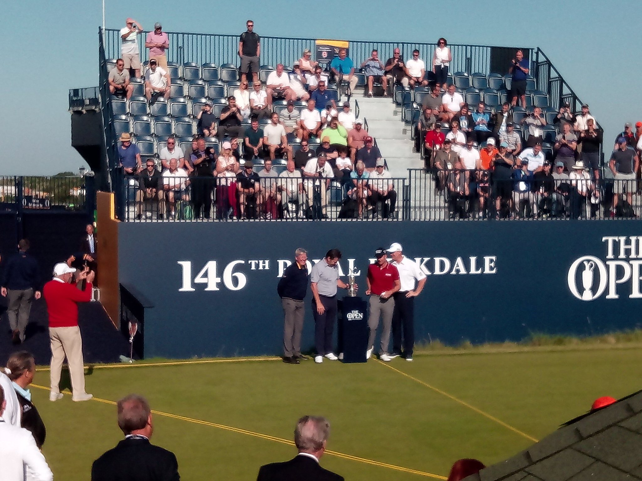 1st tee crowd sing happy birthday to Nick Faldo before teeing off with Henrik Stenson and Ernie Els 