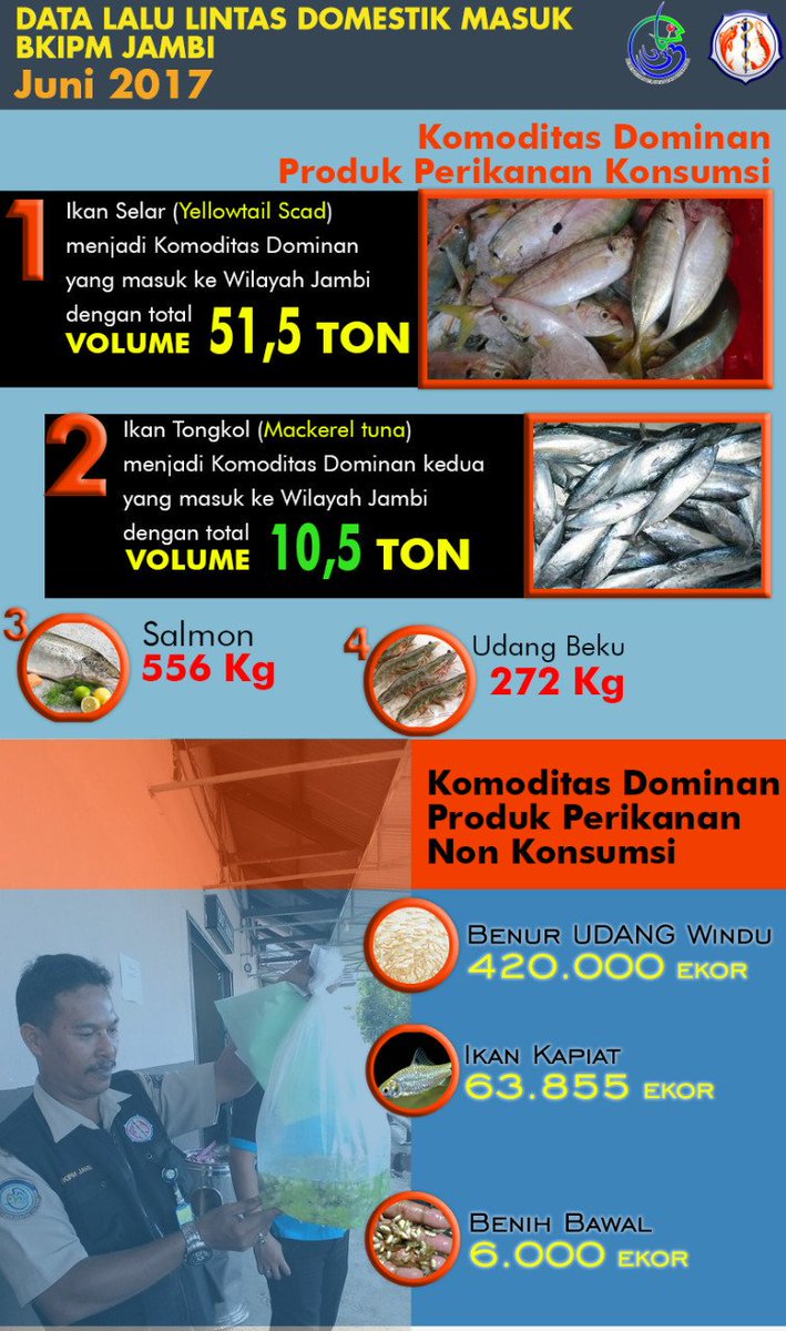 BPPMHKPJambi's tweet photo. #InfografisBKIPM Data Lalulintas Domestik Masuk melalui BKIPM Jambi Juni 2017 didominasi oleh Ikan Selar total volume 51,5 ton
#NEW_BKIPM https://t.co/KhfTcVdJdr