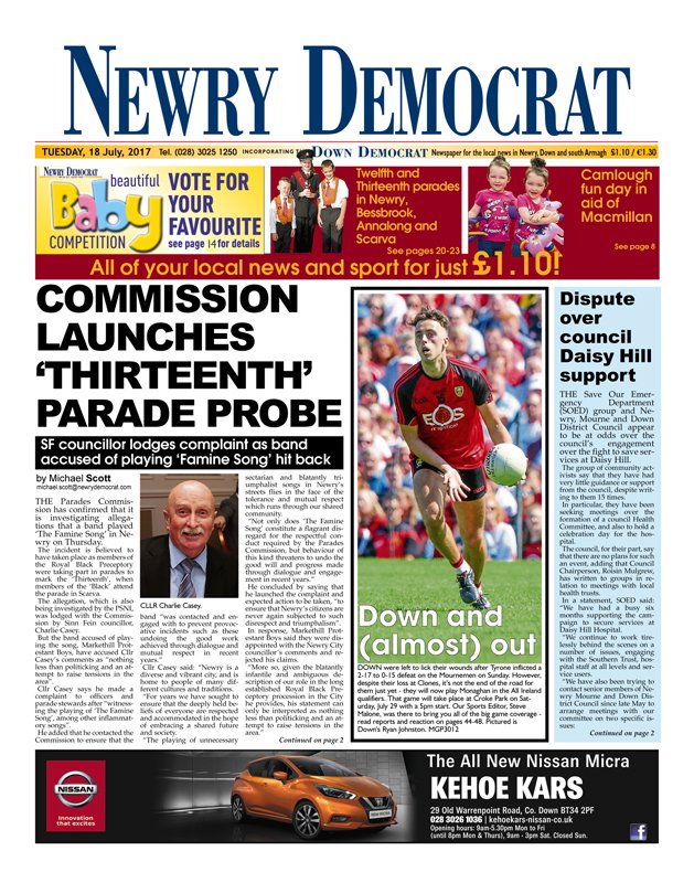 NewryDemo's tweet photo. The front and back pages of this week's Newry Democrat - on sale now! https://t.co/9S8peaSH6Z