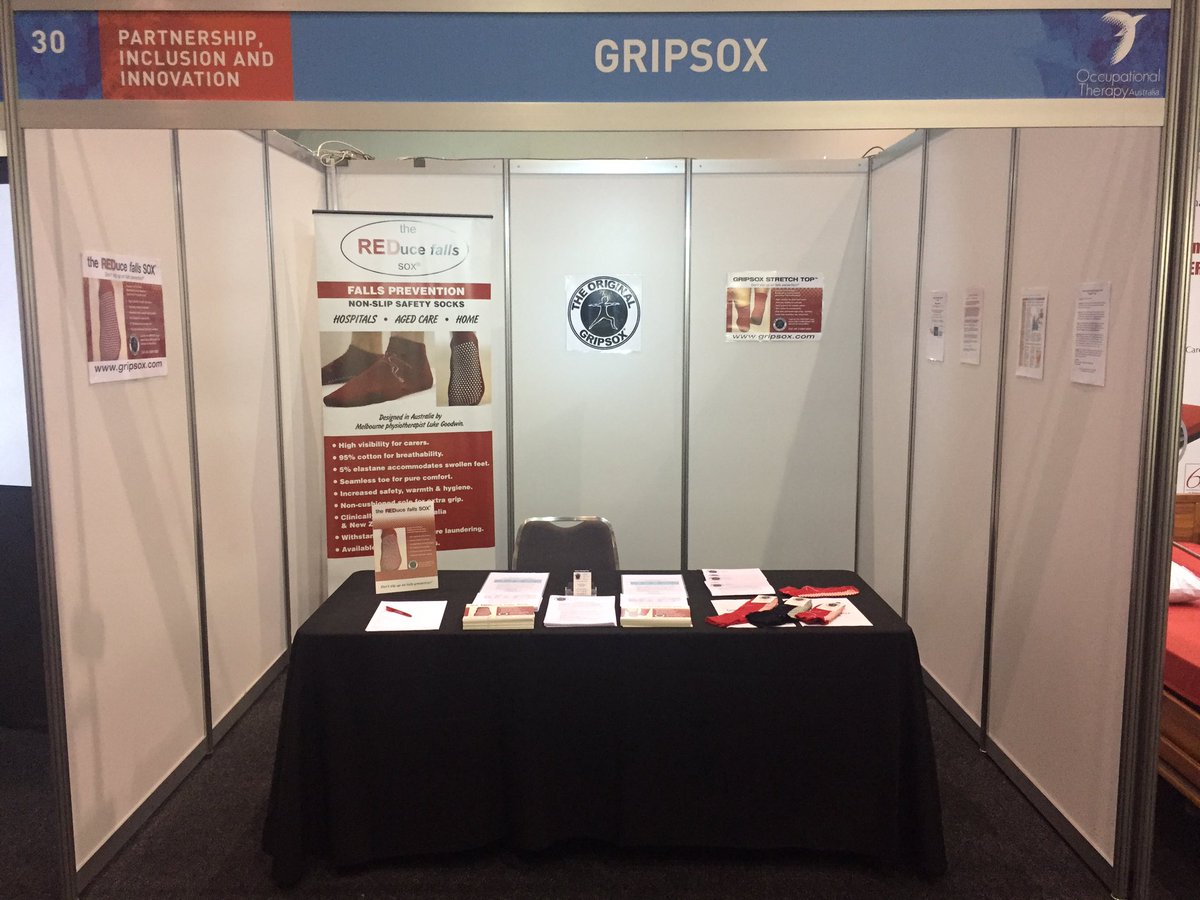 sox_man's tweet photo. All set up for #otaus2017 Drop by #booth30 to see our fantastic #GripSox for #fallsprevention #OT #healthcare #ageing #innovation https://t.co/MtSDZy0IRR