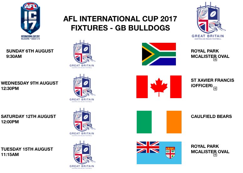 GBBulldogsAFL's tweet photo. The @PrincipalUK_ GB Bulldogs are pleased to announce our fixtures for @AFLIntCup 2017 #BackTheBulldogs #RoadToIC17 #AFLIC17 https://t.co/UWYpLCgtwo
