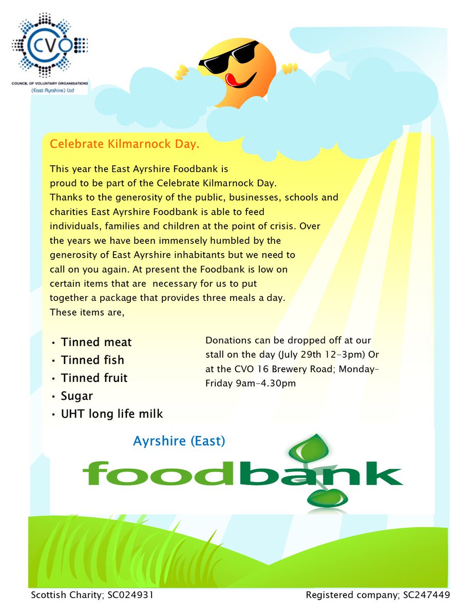 East Ayrshire Foodbank low on tinned meat/fish/fruit. <a href="/CVOEA/">CVOEA</a> collecting at #CelebrateKilmarnock event. My office taking donations too