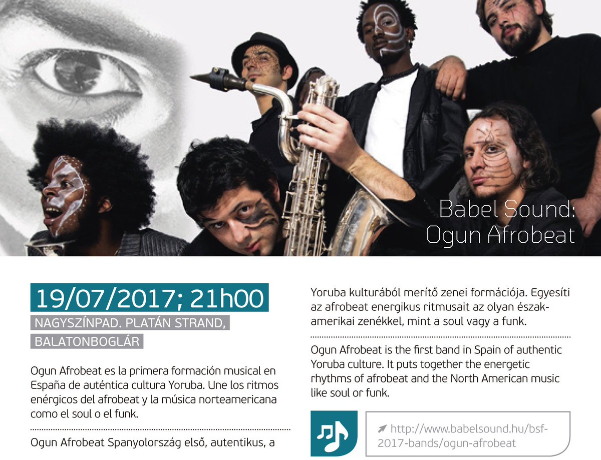 EmbEspHungria's tweet photo. 19/07 21:00h; Nagyszínpad, Platán Strand, Balatonboglár. #BabelSound: #OgunAfrobeat. Ritmos enérgicos afrobeat, soul y funk #Őrültspanyol https://t.co/JNnUezcdSi
