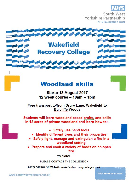 Wakefield Recovery & Wellbeing College (@wf_recoverycoll) on Twitter photo Our new prospectus is now online @ wakefieldrecoverycollege.co.uk
Check out our amazing new Woodland Skills course
<a href="/allofusinmind/">SouthWestYorkshire Partnership NHS FoundationTrust</a> <a href="/GreenManLearnin/">Green Man Learning</a> Our new prospectus is now online @ wakefieldrecoverycollege.co.uk
Check out our amazing new Woodland Skills course
<a href="/allofusinmind/">SouthWestYorkshire Partnership NHS FoundationTrust</a> <a href="/GreenManLearnin/">Green Man Learning</a>