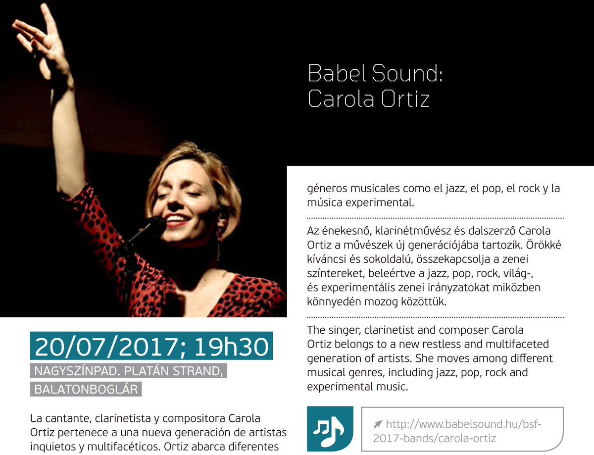 EmbEspHungria's tweet photo. 07.20 19,30pm; Nagyszínpad, Platán Strand, Balatonboglár. #BabelSound: #CarolaOrtiz. Jazz, pop, rock and experimental music #Őrültspanyol https://t.co/XvLNEGIw1n