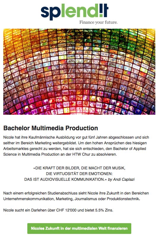 splendit_'s tweet photo. Neue Auktion - Place your bids please: Bachelor Multimedia Production HTW Chur https://t.co/ZF7EtWGZUv #p2p #FinanceYourFuture https://t.co/cnUtwN8Ok9