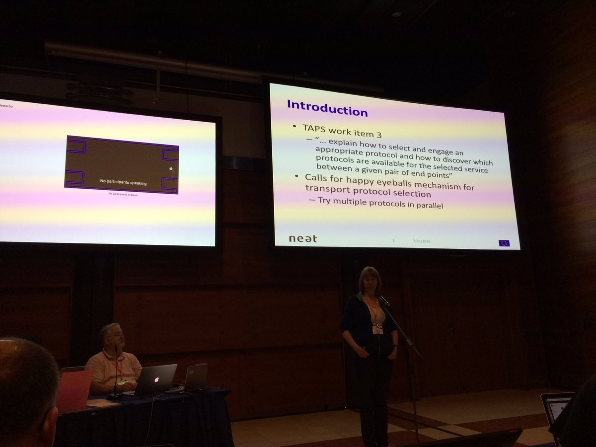 naeemk_'s tweet image. Anna Brunstrom is presenting our draft on #Transportlayer #HappyEyeballs at the TAPS WG at #IETF99 @H2020Neat
