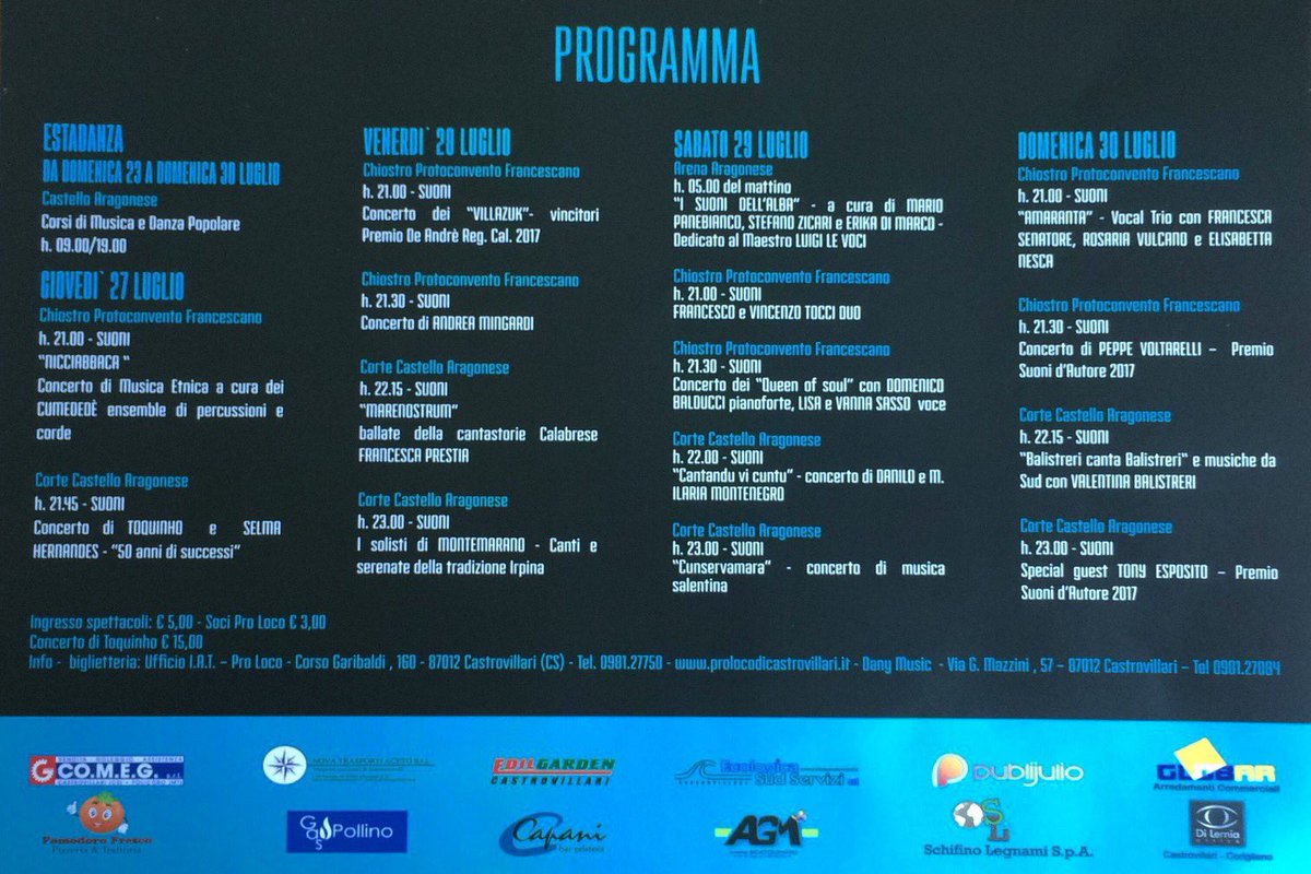 segrProlocoCV's tweet photo. Ecco il manifesto ed il programma di #SUONI XII #Festival #Etno #Jazz 23-30Luglio2017 #CastelloAragonese e #Protoconvento #Castrovillari https://t.co/B1tPYYEyqL